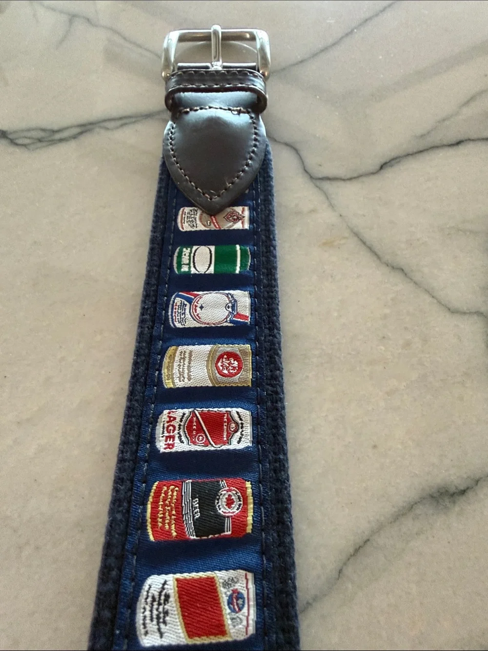 Navy Embroidered Canvas Belted Cow  Belt with Beverage Motif - Men
